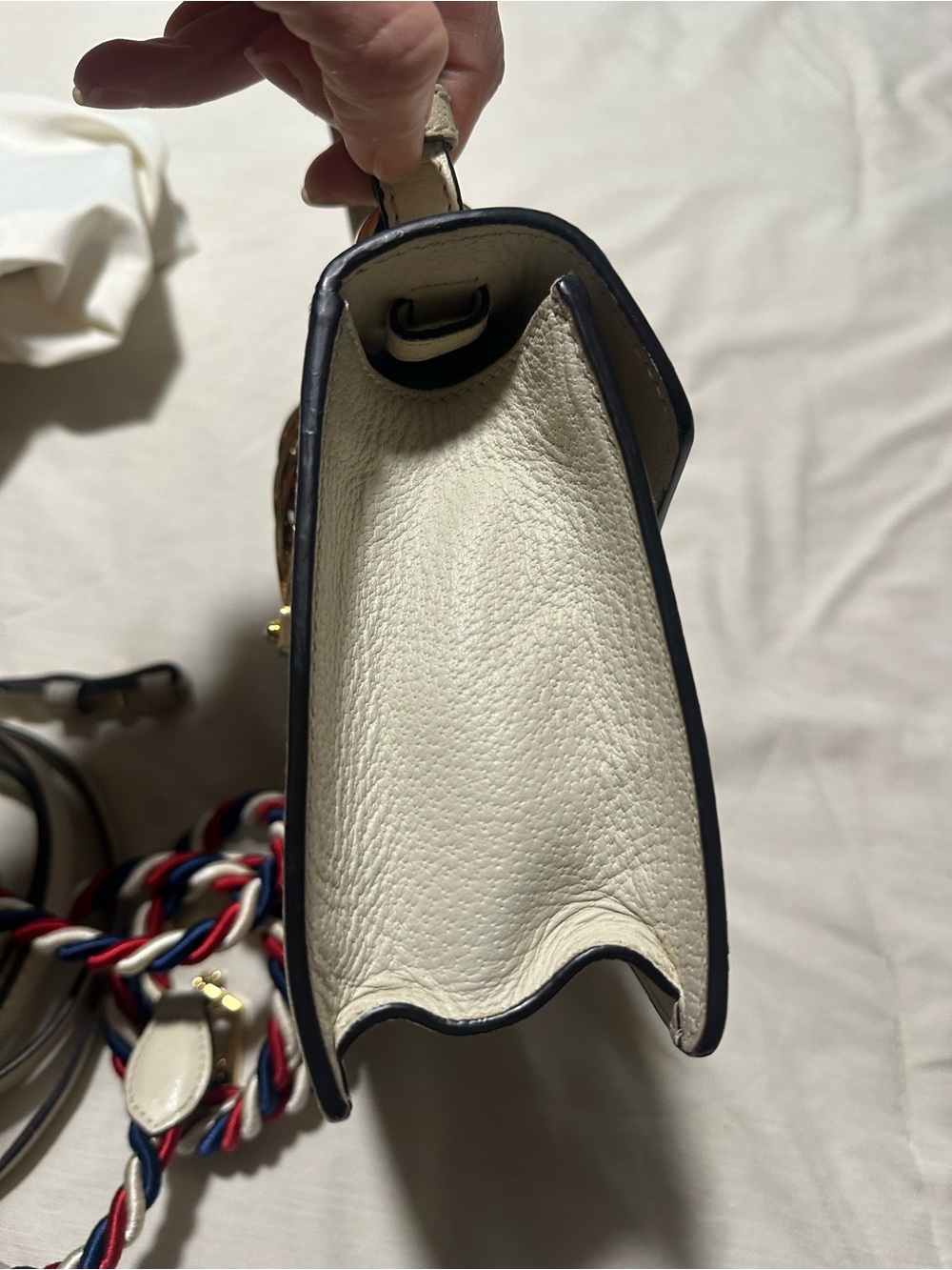 Gucci Cream Leather Top-Handle Satchel with Navy and Red Web Stripe - Picture 7 of 12